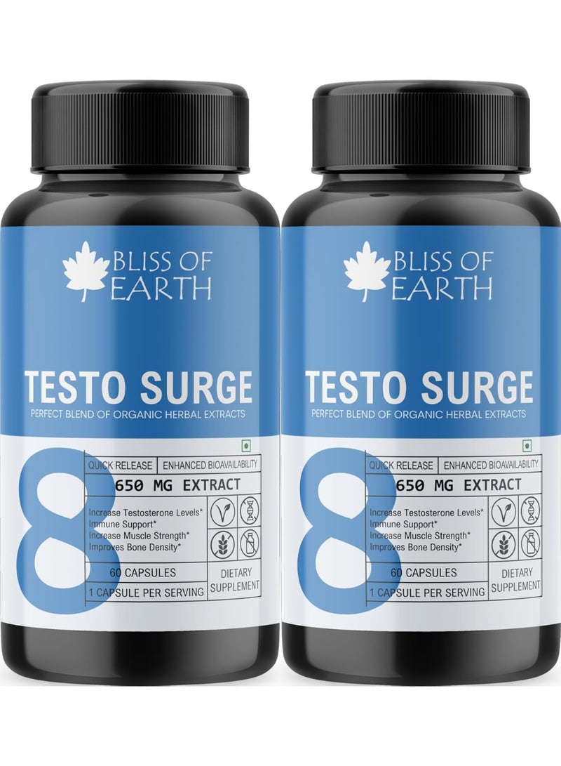 BLISS OF EARTH Testo-Surge 650mg, Natural Testo Booster For Men With Shilajit Extract & 20 High Potency Herbal Extracts, Increase Stamina & Strength (Pack Of 2) - Image 1